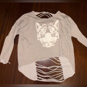 Tan Distressed Sweater with White Cat Print